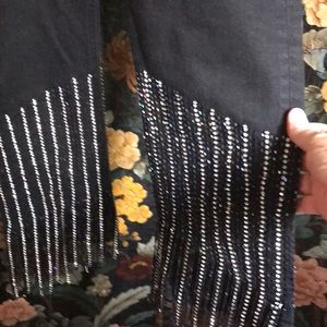 NWOT European Top Shop black denim with beaded fringe legs.